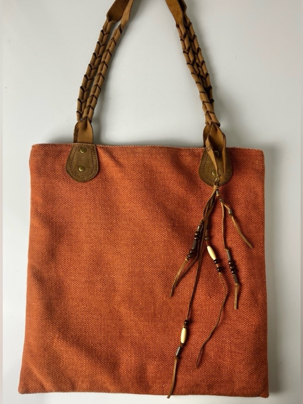 Michael Stars Woven Tote Bag Braided Leather Straps Rust Boho Shopper